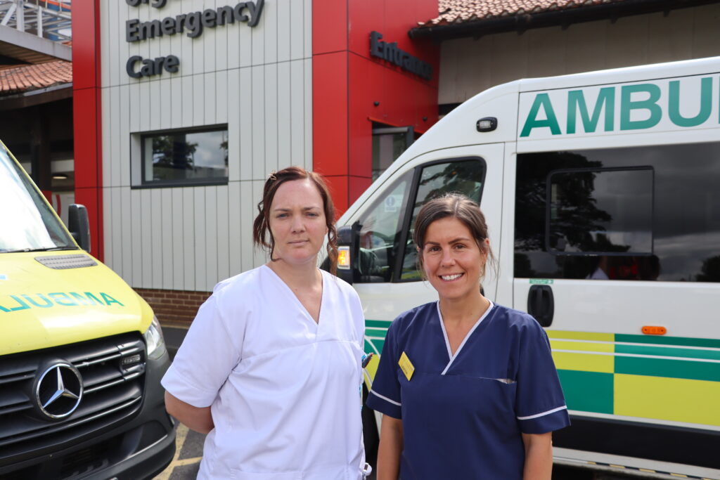 Lois Prest and Leanne Powell stand outside A&E.