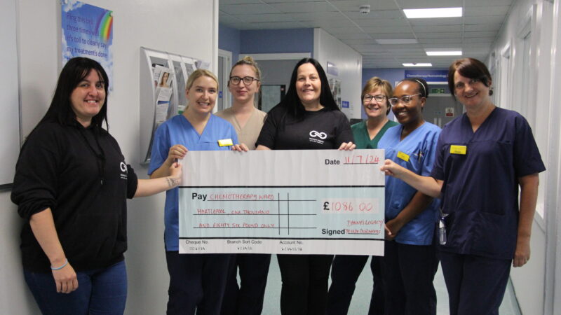 Claire and Kristina from Danny's legacy with their donation for the chemo unit at Hartlepool