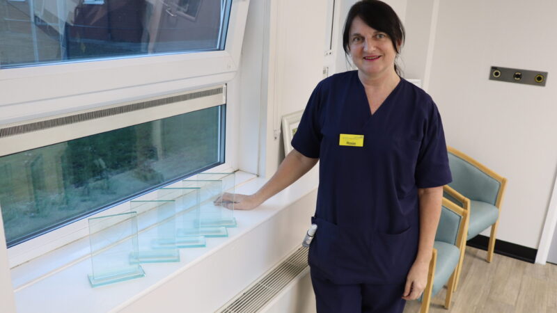 Nurse stood with some of awards the team has won.